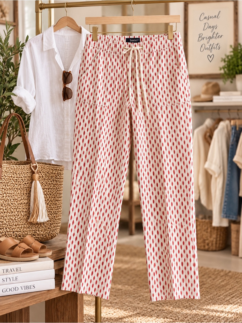 Sharagano Cream Pants with Red Geo Print
